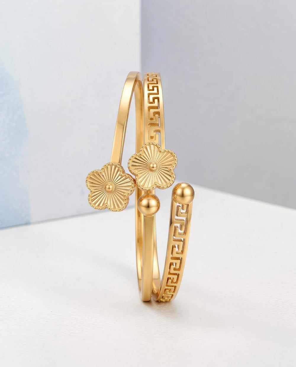 Greek Key Floral Open Cuff Bracelet – Gold or Silver Tone