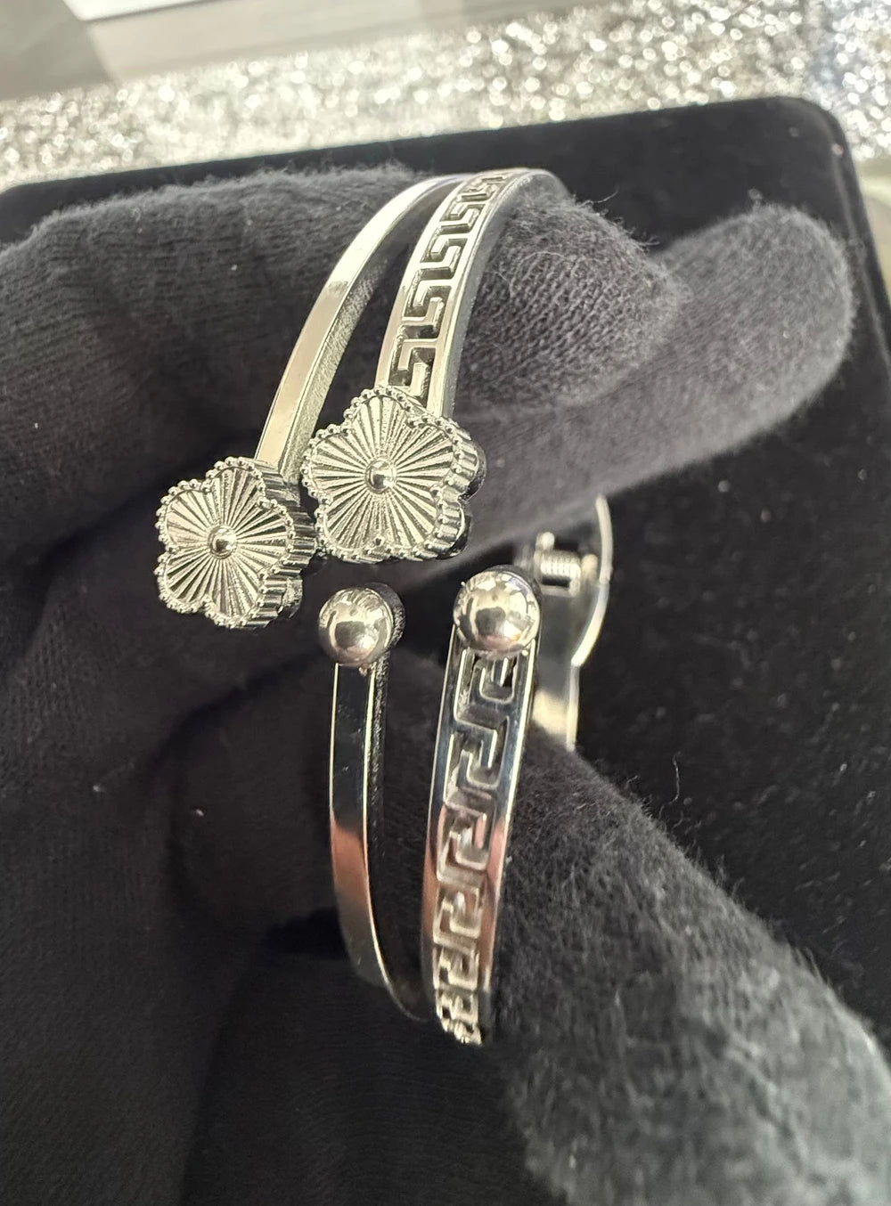 Greek Key Floral Open Cuff Bracelet – Gold or Silver Tone