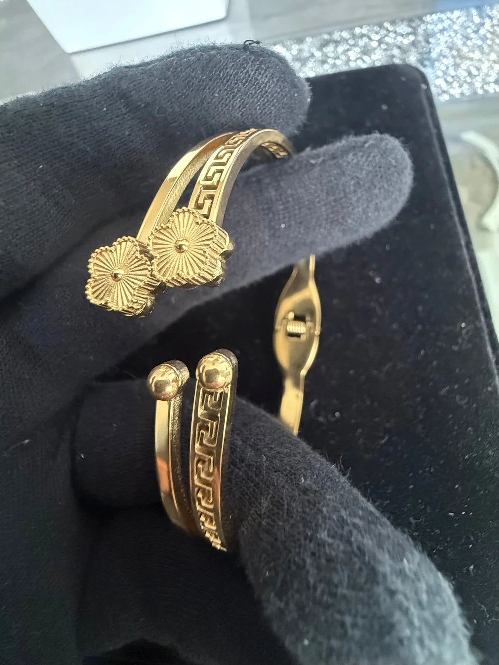 Greek Key Floral Open Cuff Bracelet – Gold or Silver Tone