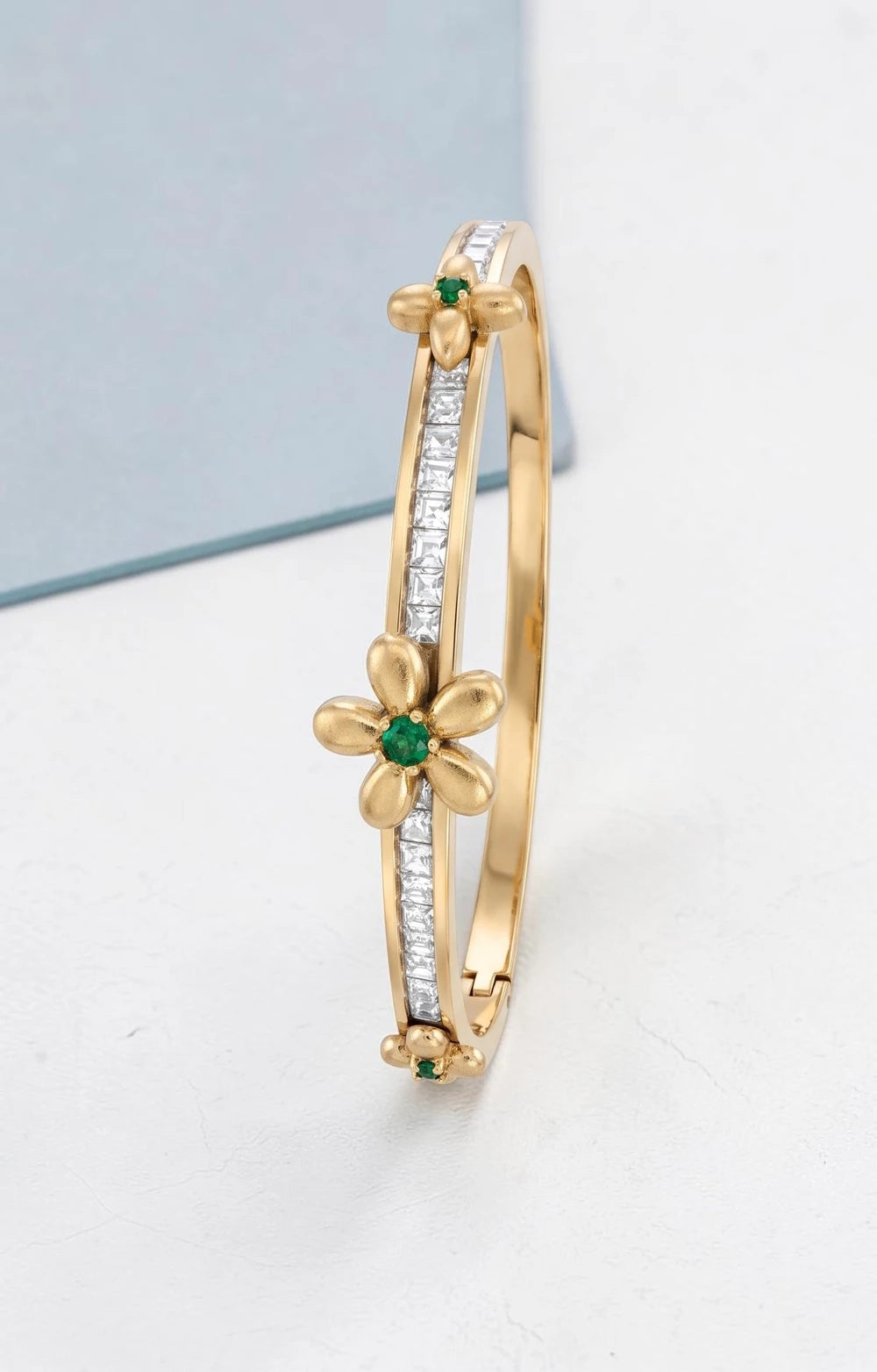 Stainless Steel Floral Crystal Bangle Bracelet – Gold or Silver