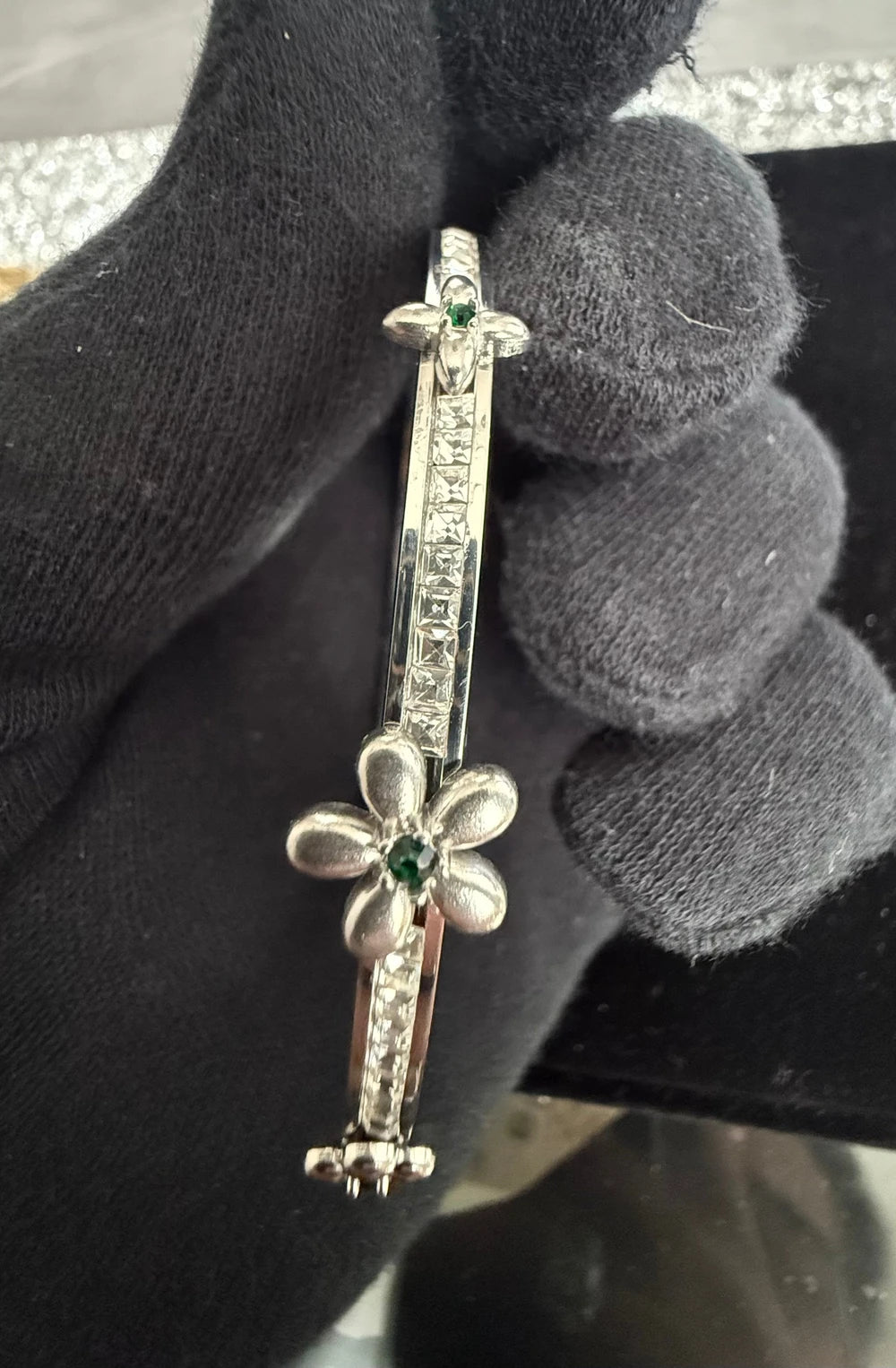 Stainless Steel Floral Crystal Bangle Bracelet – Gold or Silver