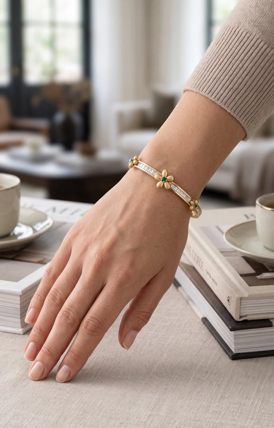 Stainless Steel Floral Crystal Bangle Bracelet – Gold or Silver