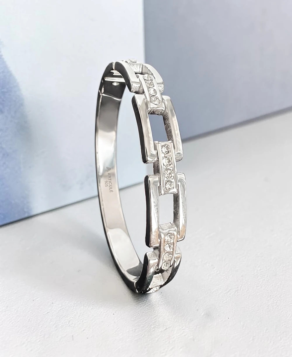 Geometric Crystal Link Stainless Steel Bangle Bracelet – Gold or Silver
