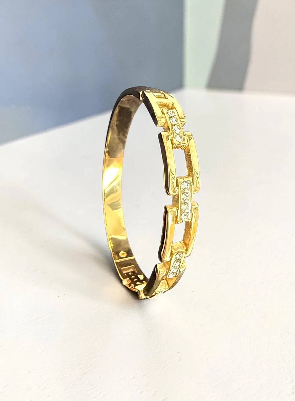 Geometric Crystal Link Stainless Steel Bangle Bracelet – Gold or Silver