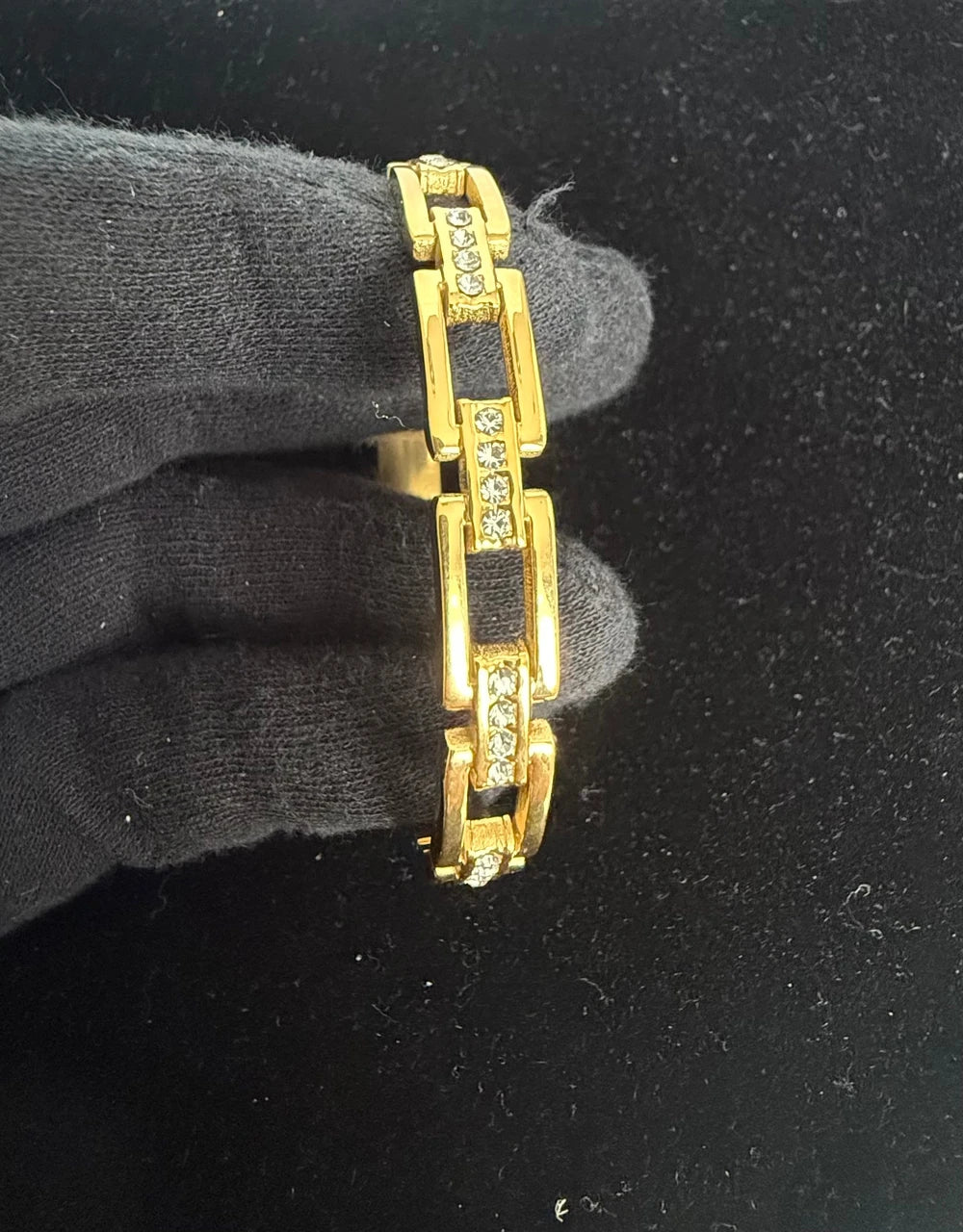 Geometric Crystal Link Stainless Steel Bangle Bracelet – Gold or Silver