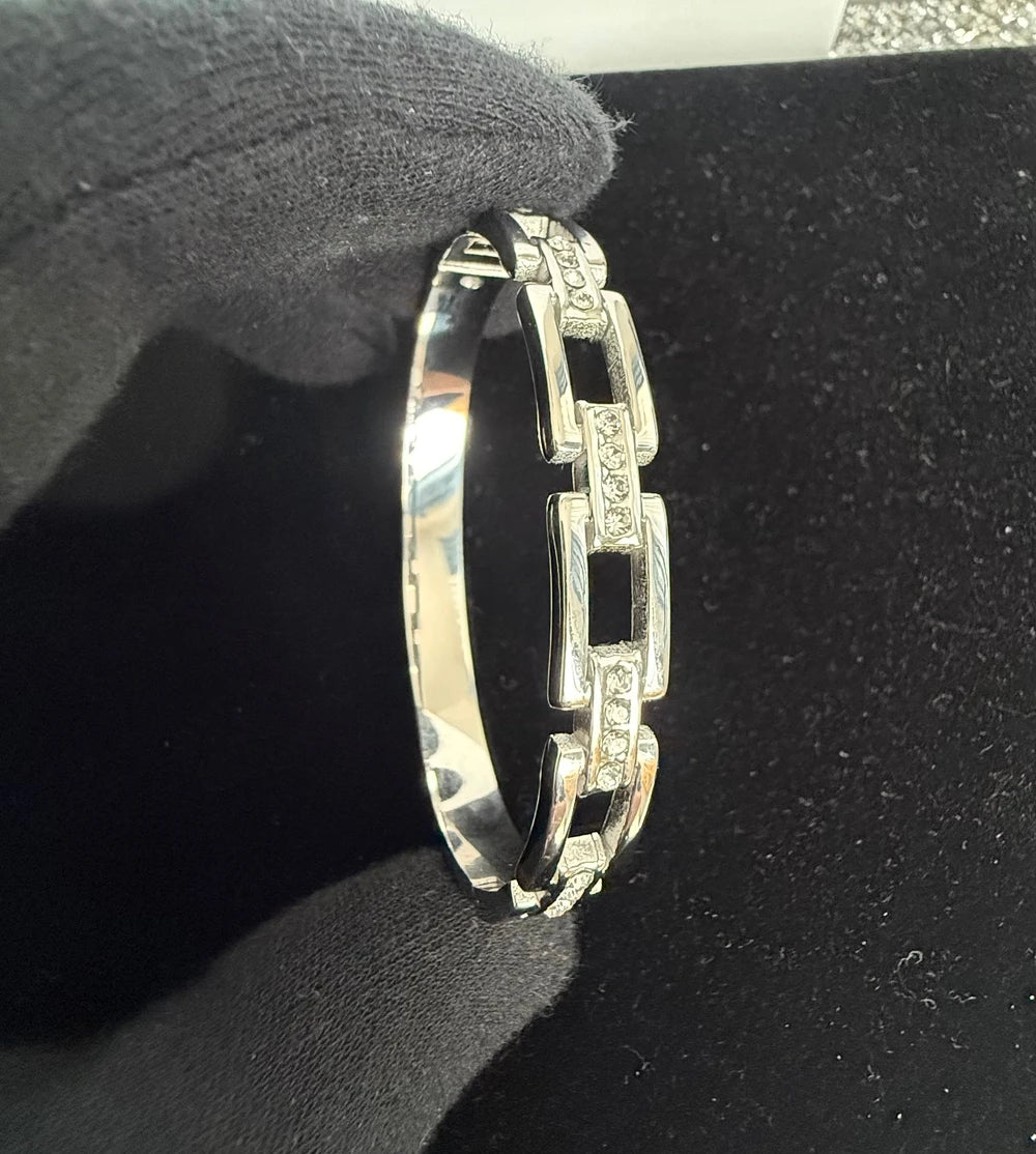Geometric Crystal Link Stainless Steel Bangle Bracelet – Gold or Silver