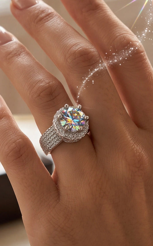 2.0 CT Round Moissanite Halo Statement Ring – GRA Certified – Silver-Tone Adjustable Ring 7180