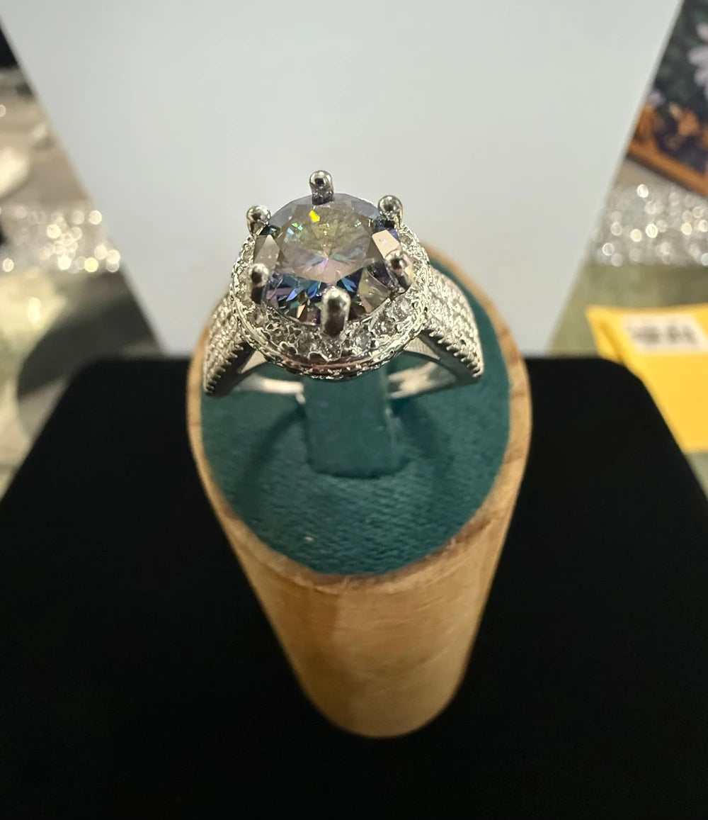 2.0 CT Round Moissanite Halo Statement Ring – GRA Certified – Silver-Tone Adjustable Ring 7180