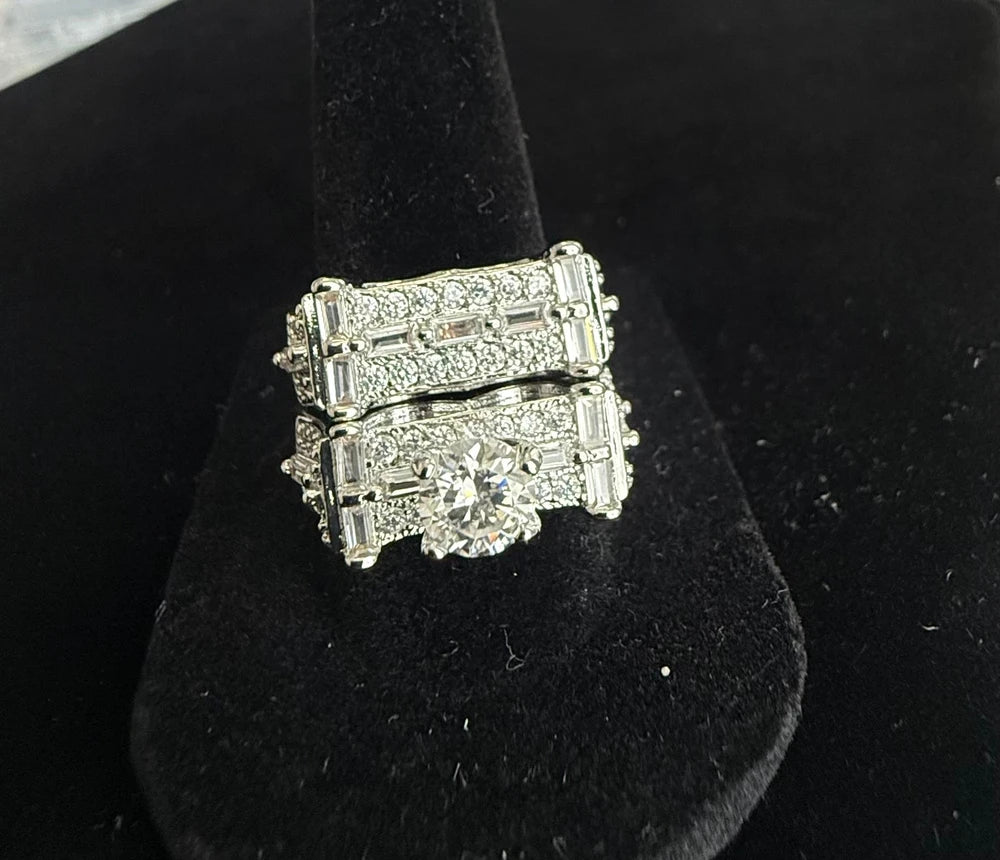 Luxury Moissanite Bridal Ring Set with Baguette Accents Silver Plated, Size 8.5 6013