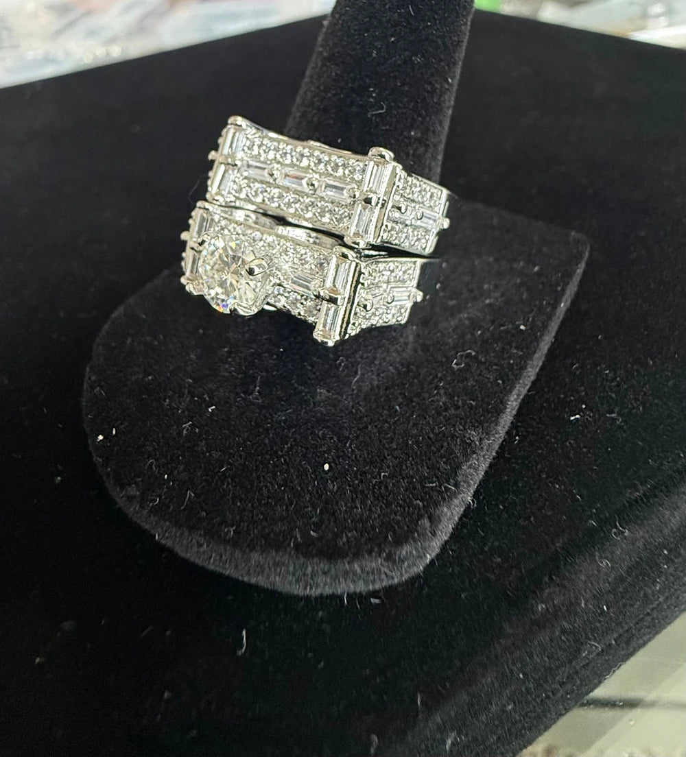 Luxury Moissanite Bridal Ring Set with Baguette Accents Silver Plated, Size 8.5 6013