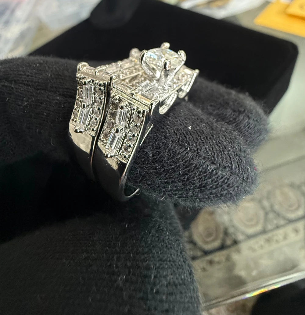 Luxury Moissanite Bridal Ring Set with Baguette Accents Silver Plated, Size 8.5 6013