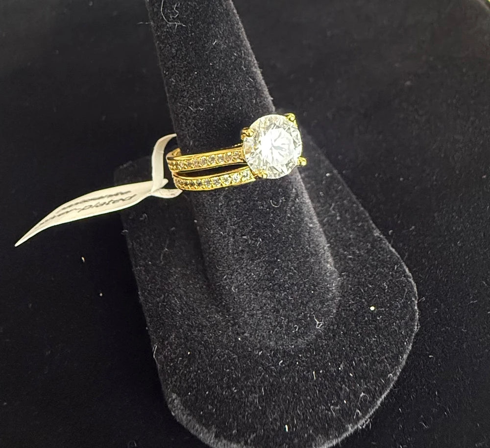 Size 6 Gold-Tone Silver Plated Moissanite Bridal Ring Set – Round-Cut Solitaire 6014