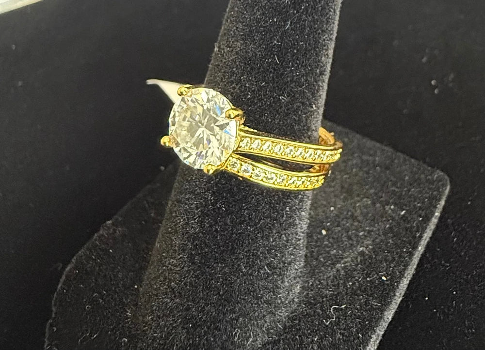 Size 6 Gold-Tone Silver Plated Moissanite Bridal Ring Set – Round-Cut Solitaire 6014