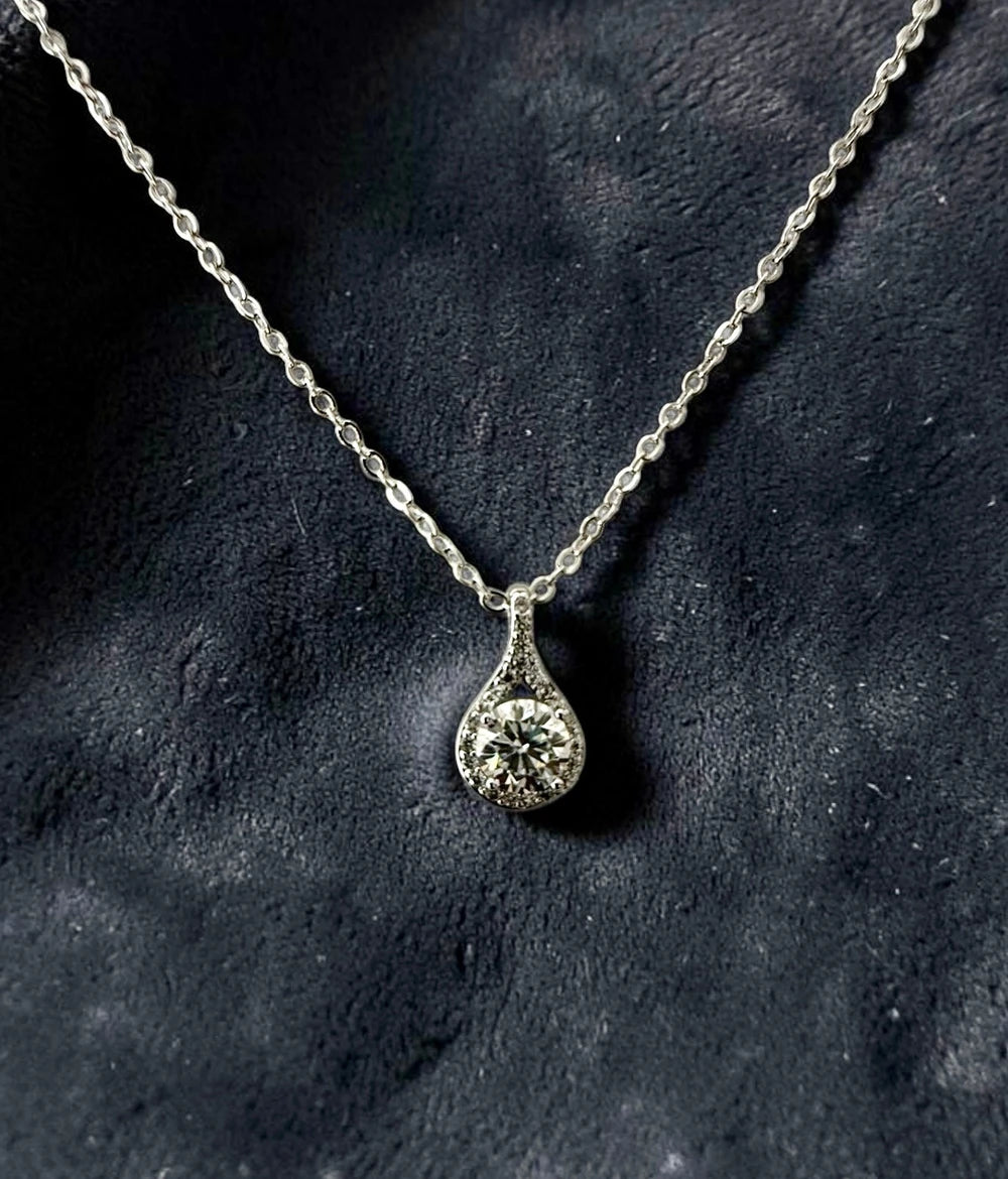 1 Carat Round Moissanite Teardrop Pendant Necklace – Silver Tone Halo Necklace with GRA Certificate & Jewelry Box 7064