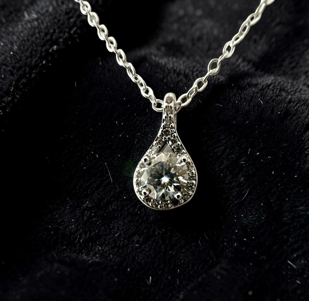 1 Carat Round Moissanite Teardrop Pendant Necklace – Silver Tone Halo Necklace with GRA Certificate & Jewelry Box 7064